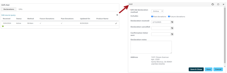 Gift aid  area on account page